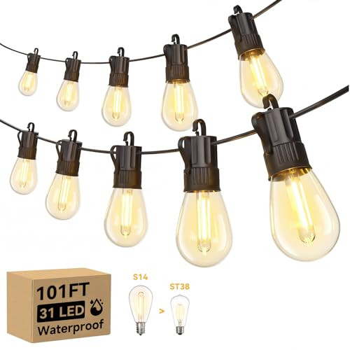 Minetom 101FT Outdoor-String-LED-Patio-Lights-Waterproof, 31Shatterproof S14 Vintage Edison Bulbs... | Amazon (US)