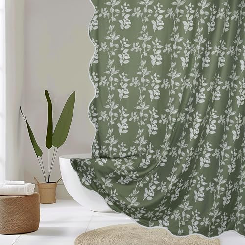 Siiluminisoy Scalloped Border Green Cute Boho Shower Curtain, 72 x 72 White Floral Leaves Cottagecore Farmhouse Minimalist Chic Cloth Fabric Shower Curtain Set with Hooks for Bathroom Shower | Amazon (US)