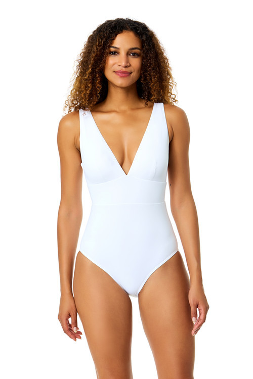 Anne Cole Women's Live In Color Solid Plunge Front One Piece Swimsuit in White at Nordstrom, Size 12 | Nordstrom