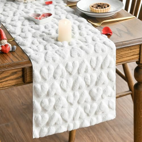 Artoid Mode White Soft Plush Faux Fur Jacquard Heart Valentine's Day Table Runner, Seasonal Kitchen Dining Table Decoration for Home Party Decor 13x36 Inch | Amazon (US)
