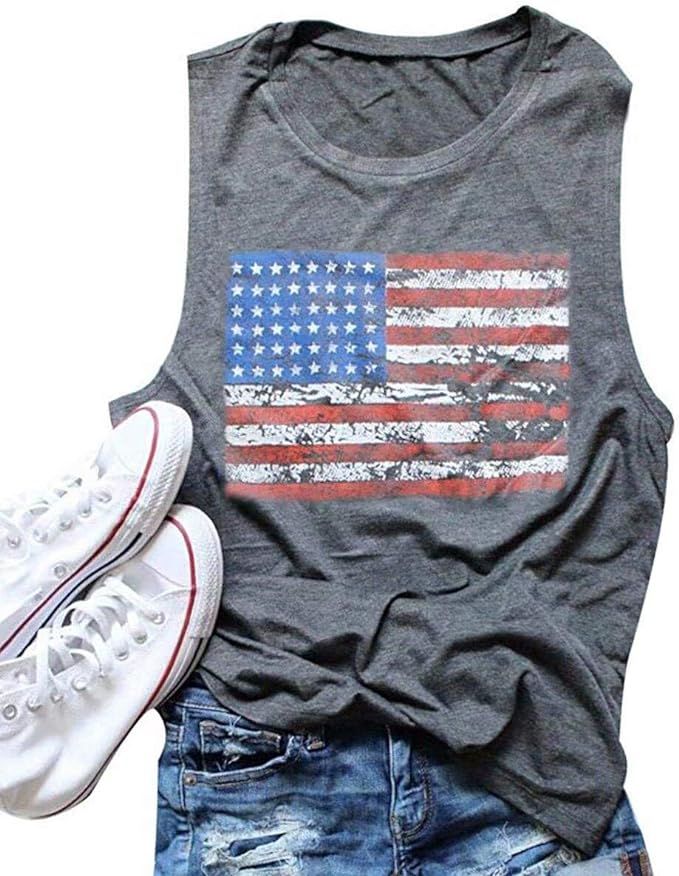 FAYALEQ American Flag Print Tank Tops Women USA Stars Stripes Patriotic T Shirt Summer Loose Vest... | Amazon (US)
