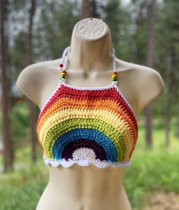Rainbow Crochet halter top - Festival top - Modern top - Hippie cotton top - Sexy crop top - Summ... | Etsy (US)