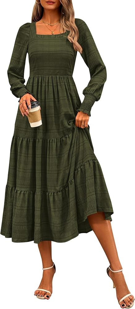 CFLONGE Women's Fall Dresses 2025 Puff Long Sleeve Square Neck Dress High Waist Smocked A-Line Fl... | Amazon (US)