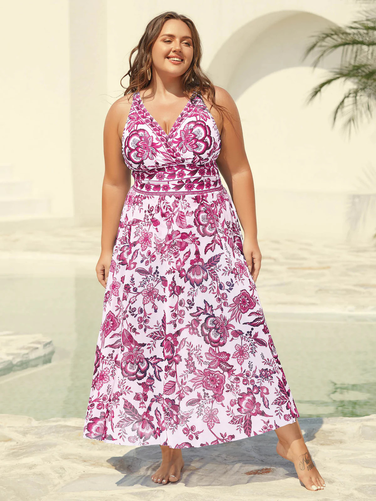 Two-Piece Floral Print Ruched Mesh Swimsuit, Sarong | Bloomchic