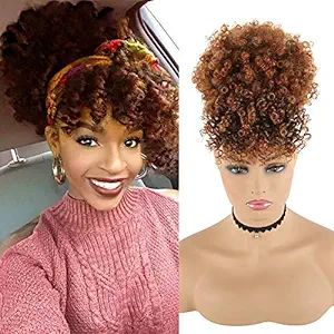 CINHOO Afro High Puff Hair Bun Drawstring Ponytail With Bangs Synthetic Brown Ponytail Wigs Short... | Amazon (US)
