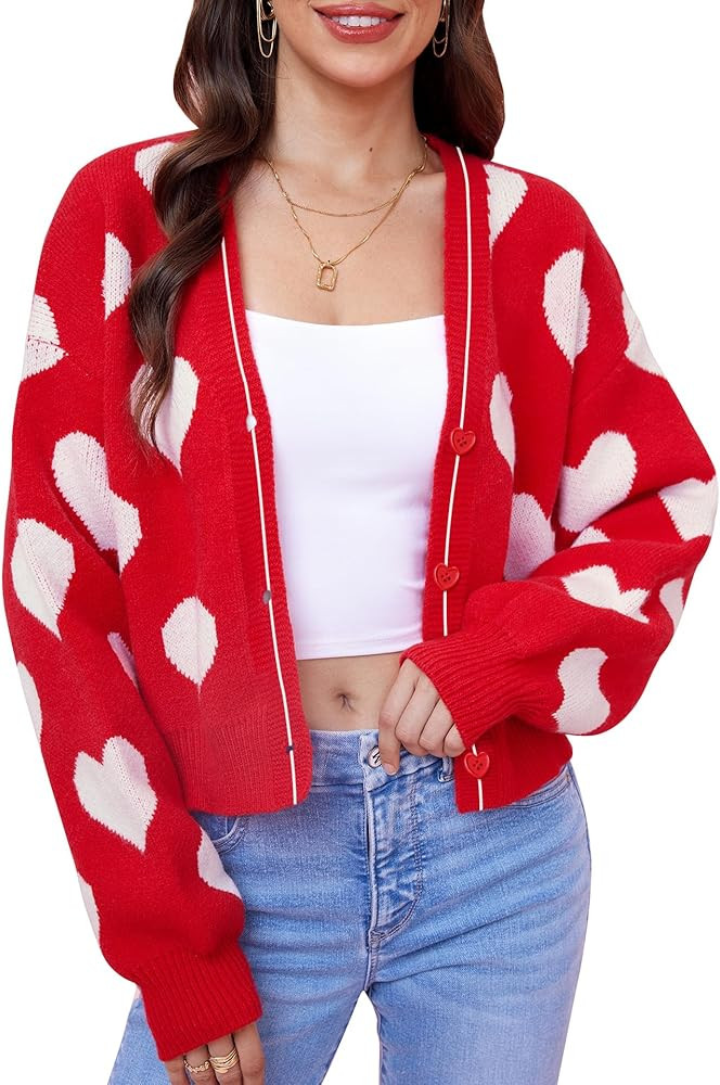 Women's Valentine's St Patrick's Day Cute Y2K Cropped Cardigan Long Sleeve Button Down Heart Swea... | Amazon (US)