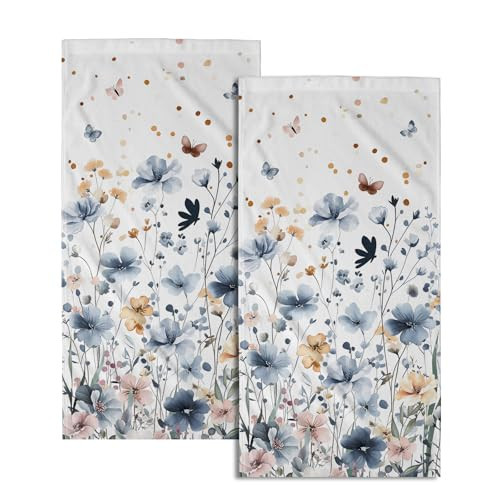 Watercolor Flowers Hand Towels, 14x28 Inch Grey Blue Floral Butterfly Botanical Absorbent Soft Dish Washing Cloth Face Tea Towels for Kitchen Bathroom Gym Hotel Spa Decor | Amazon (US)