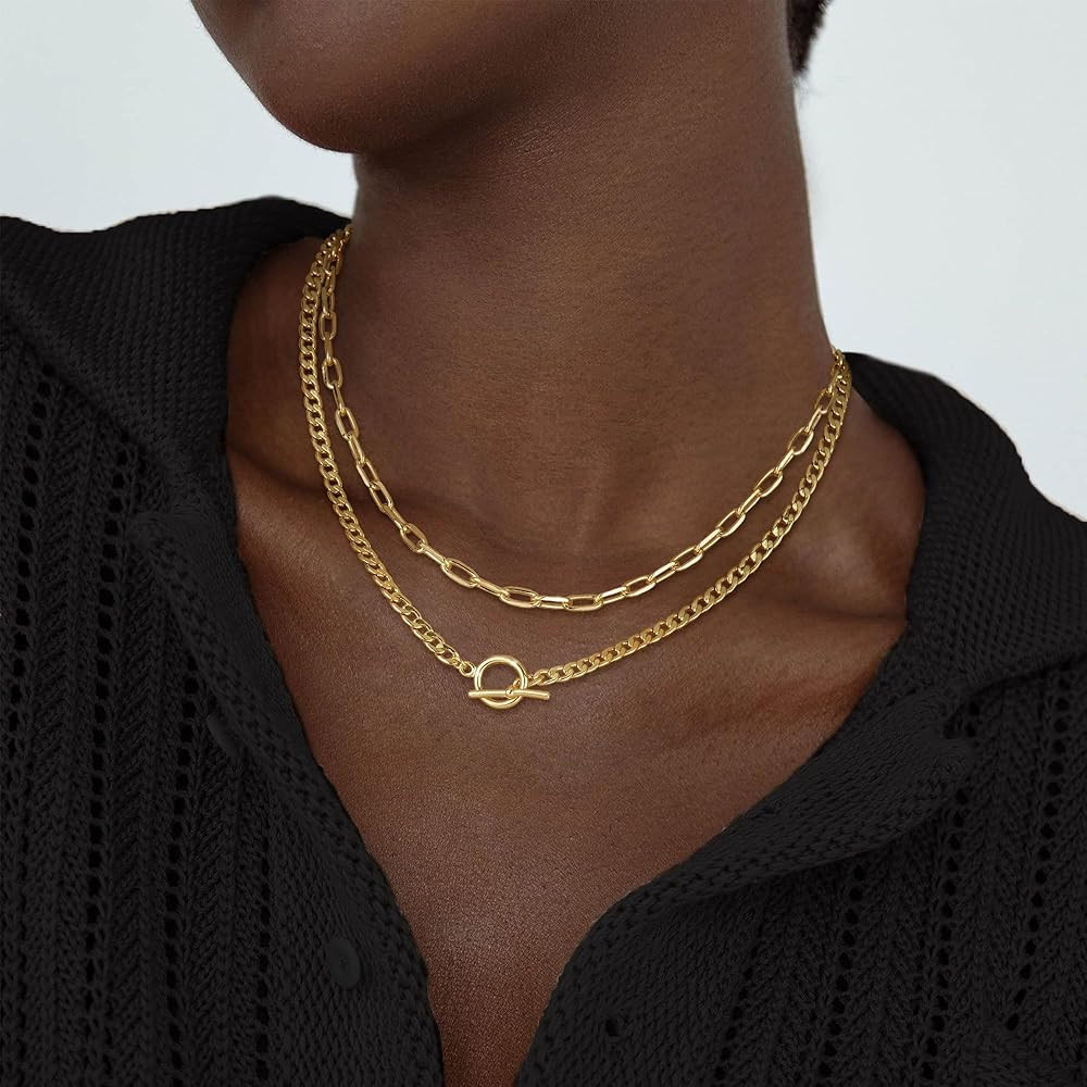 CHESKY Gold Layered Necklaces for Women, 14K Dainty Gold Chain Necklace Women Trendy Cuban Link P... | Amazon (US)