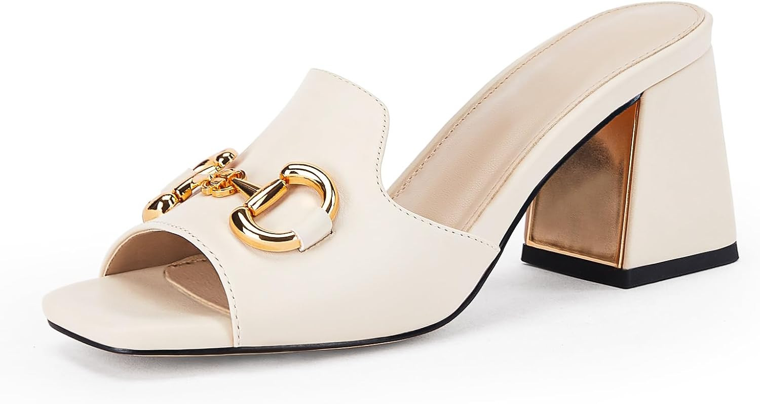 gihubafuil Women's Sandals Peep Toe Slides Chunky Heel Mules Single Band Comfort Slip-on Shoes with Metal Chain for Spring Summer | Amazon (US)