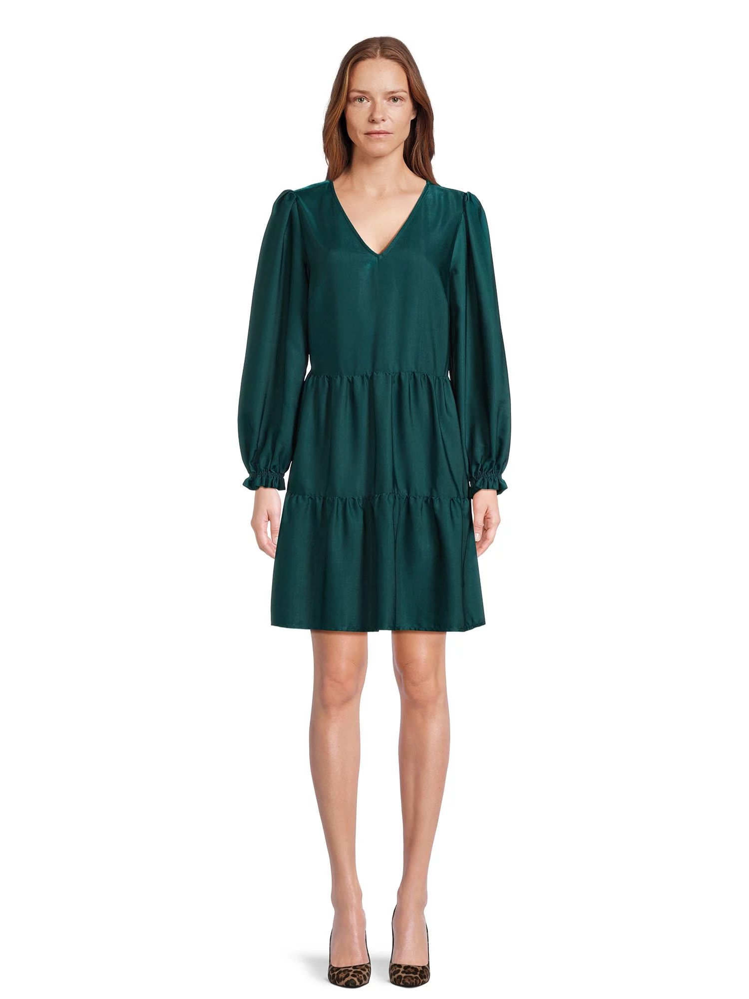 Time and Tru Women's Tiered V-Neck Satin Mini Dress, Sizes XS-XXXL - Walmart.com | Walmart (US)