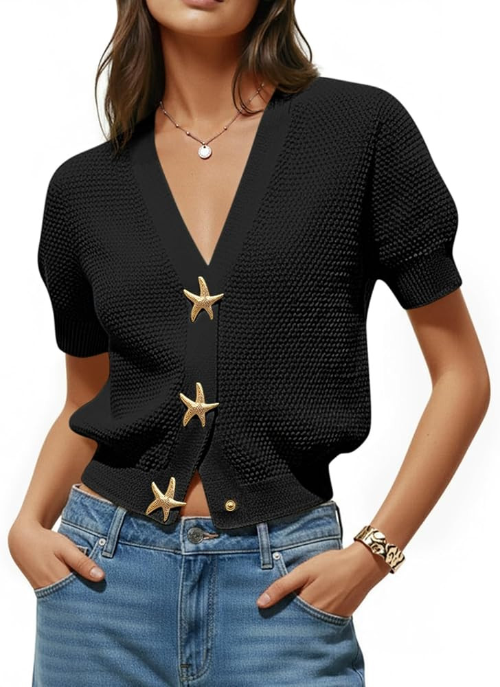 Saodimallsu Womens Puff Short Sleeve Cardigans V Neck Button Down Casual Summer Lightweight Knit ... | Amazon (US)