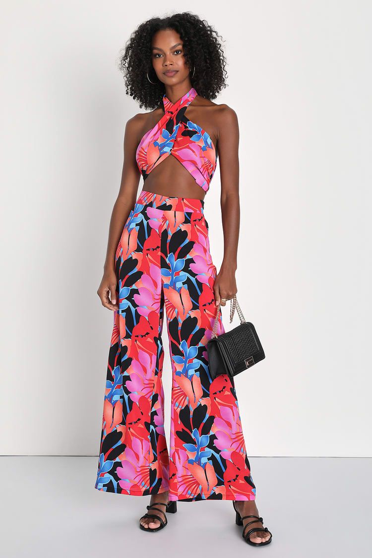 Island Aesthetic Pink Multi Floral High-Waisted Wide-Leg Pants | Lulus (US)