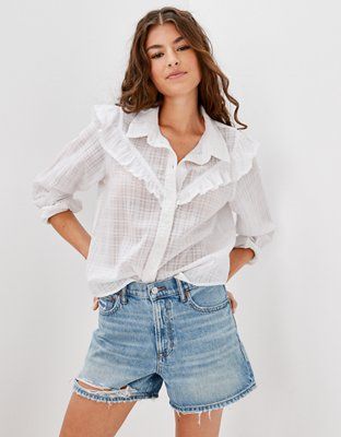 AE Western Ruffle Button-Up Shirt | American Eagle Outfitters (US & CA)