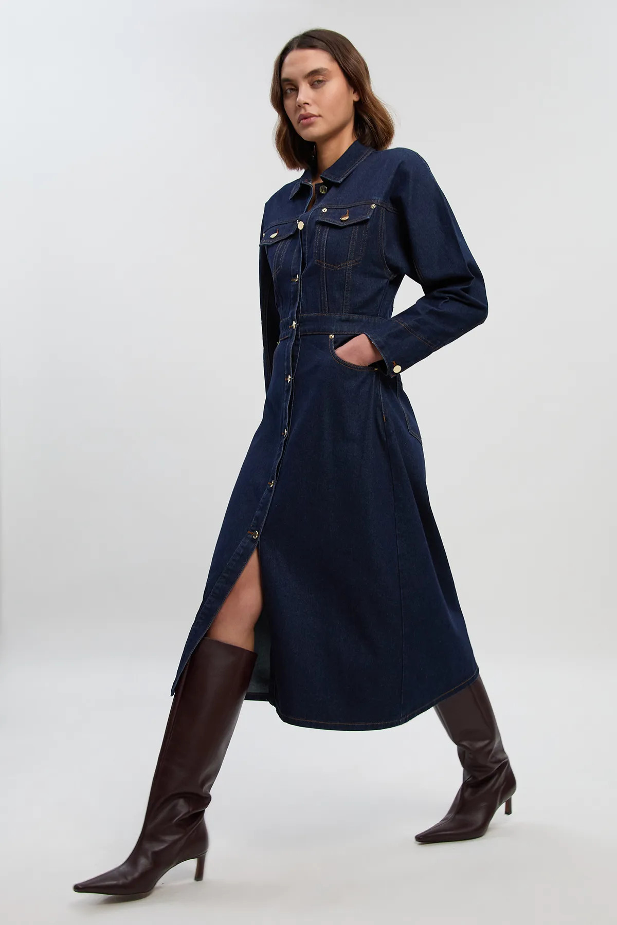 Dresses | Denim Button Front Sleeved Shirt Dress | KarenMillen | Karen Millen US