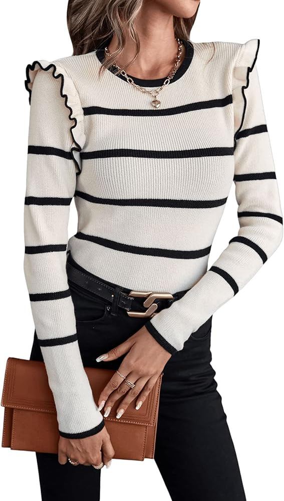 Verdusa Women's Ruffle Trim Striped Long Sleeve Slim Fitted Knit Tops Sweater | Amazon (US)