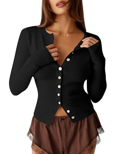 KIGRAD Womens Open Front Button Up Cropped Cardigan Ribbed Knit Long Sleeve Shirt Casual Solid Crop Top Cardigan Sweater | Amazon (US)