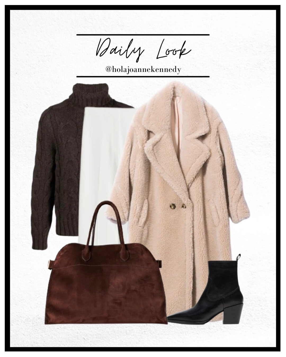 Winter office fashion, Business casual winter outfits, Chic workwear inspiration, Effortlessly stylish office looks, Winter wardrobe essentials, Neutral tone outfits, UK fashion inspo, Designer-inspired bags, cream teddy coat, cream Borg coat, white tailored trousers, black pointed toe ankle boots, brown cable knit, brown turtle neck jumper, brown suede tote bag, the row margaux bag 

#LTKwinter #LTKuk #LTKstyletip