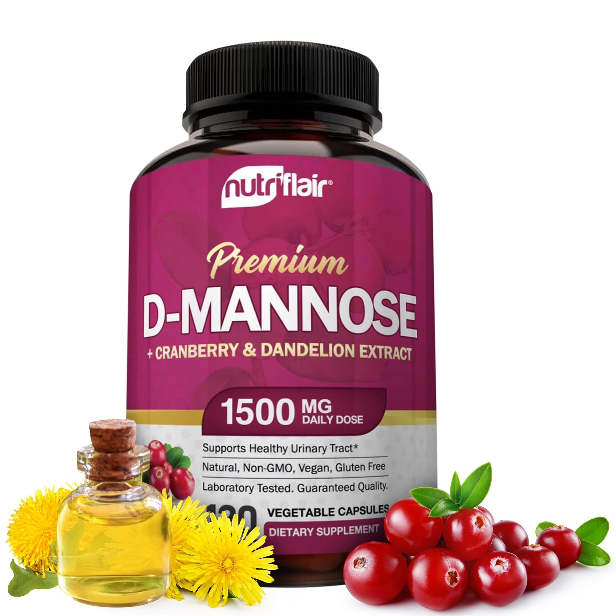 NutriFlair D-Mannose 120 Capsules, 1500mg - with Cranberry and Dandelion Extract - Natural Urinar... | Amazon (US)