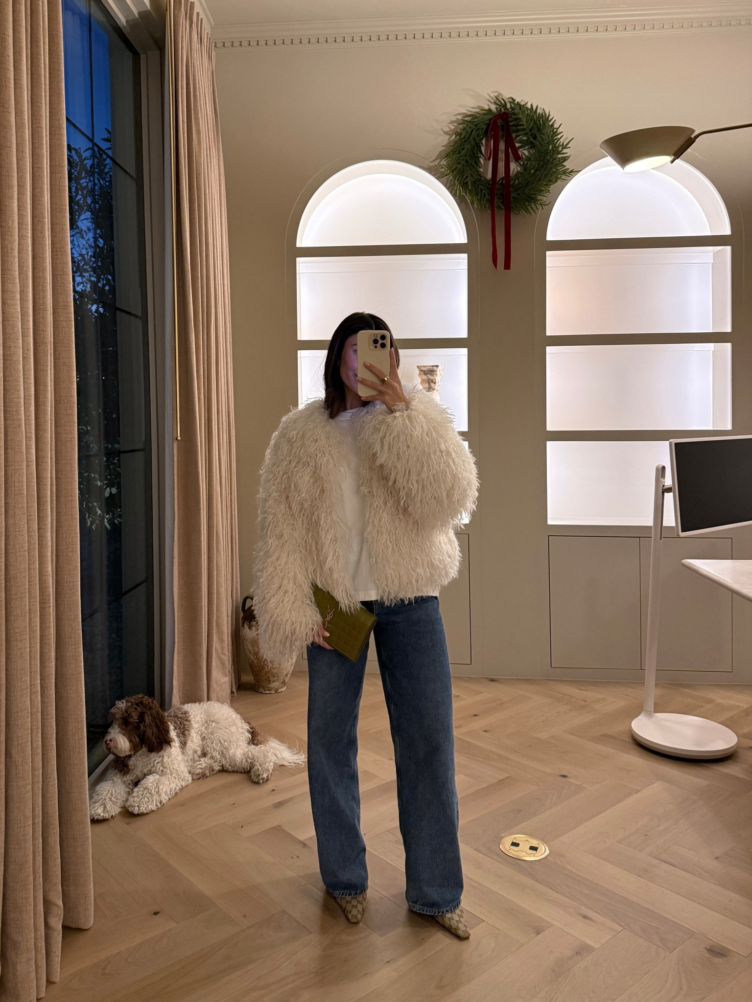 Warm dinner night out!!🤍 wearing size small in fur coat and medium in basic tee!  

Night out, cold, winter diner date night outfit, fur coat, Abercrombie, denim, winter layers, winter outfit inspo, neutral 