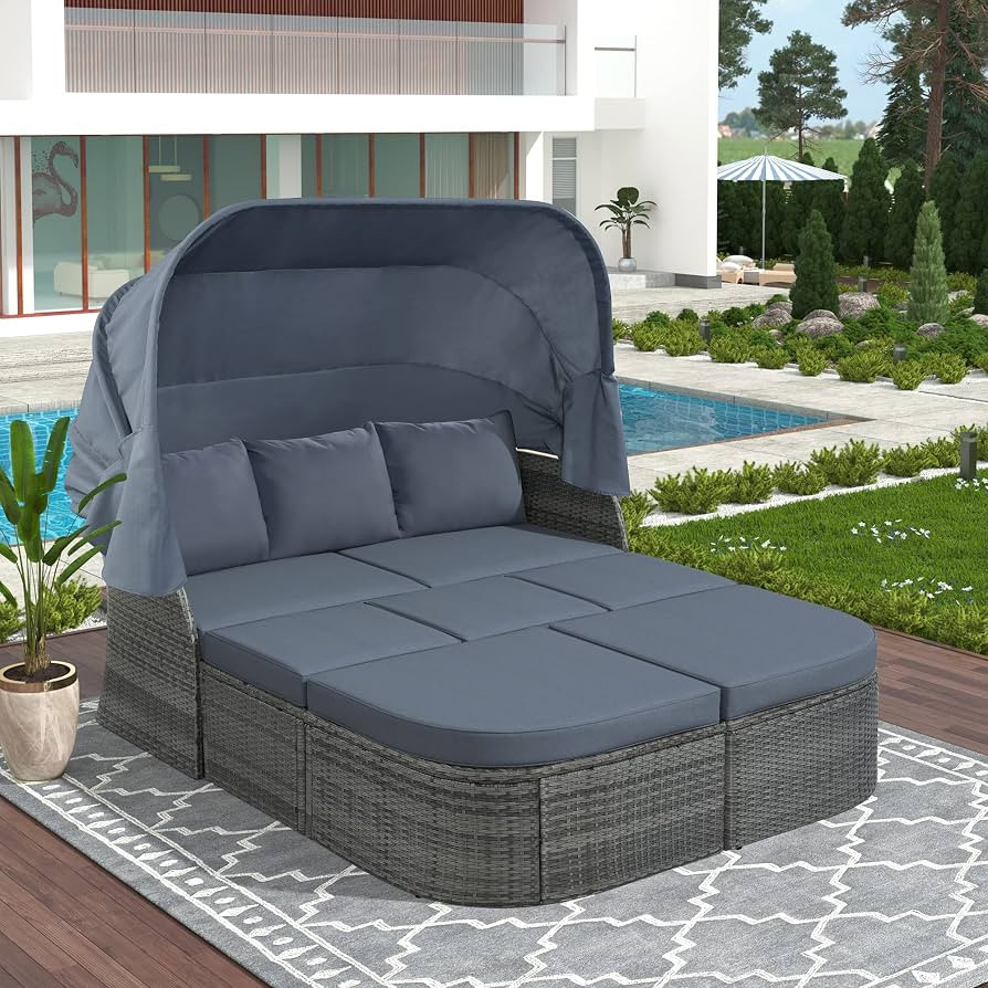 Lostcat All-Weather Outdoor Patio Furniture Daybed Set,Rattan Daybed Sunbed w/Retractable Canopy ... | Amazon (US)