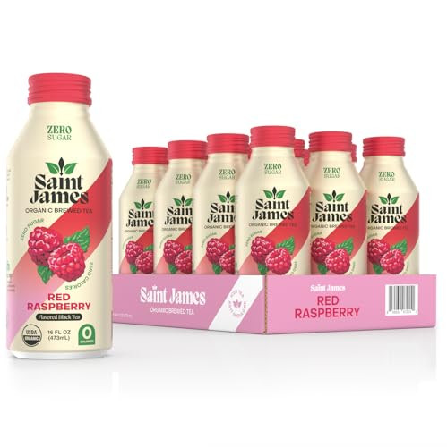 Saint James Iced Tea - Organic Black Tea - Non-GMO, Gluten Free, Zero Calorie, Zero Sugar - Red Raspberry, 12 Pack (16 fl oz each) | Amazon (US)
