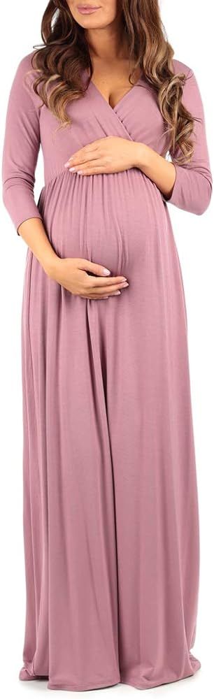 Mother Bee Maternity V-Neck 3/4 Sleeve Ruched Waist Dress | Amazon (US)