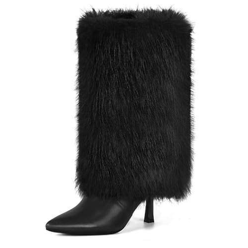 QLR 3.3-inch Kitten Heel Mid Calf Fur Boots Furry Fuzzy Fluffy Pointed Toe Boots for Women Short Boot with Side Zipper Fall Winter Snow Fold Over | Amazon (US)
