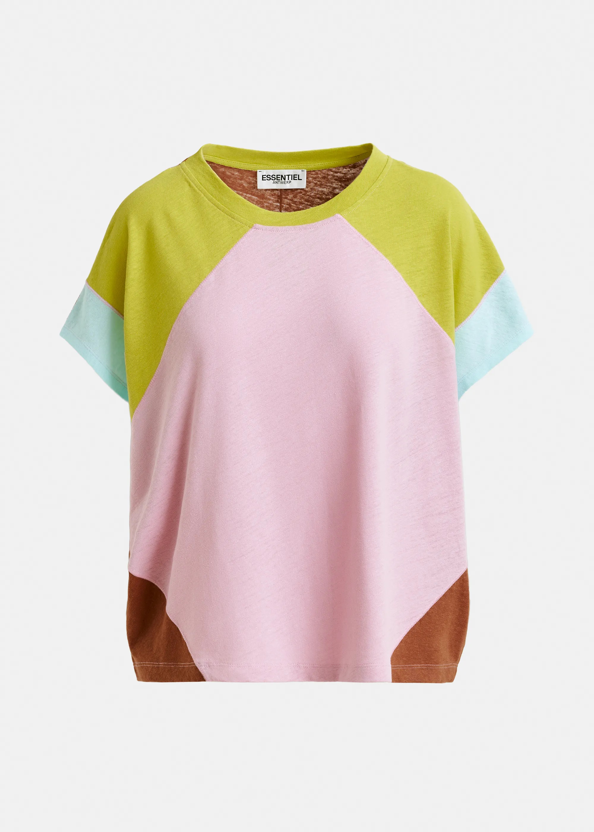 Light pink, green and blue cotton-linen blend colorblock T-shirt | Essentiel Antwerp United Kingd... | Essentiel Antwerp