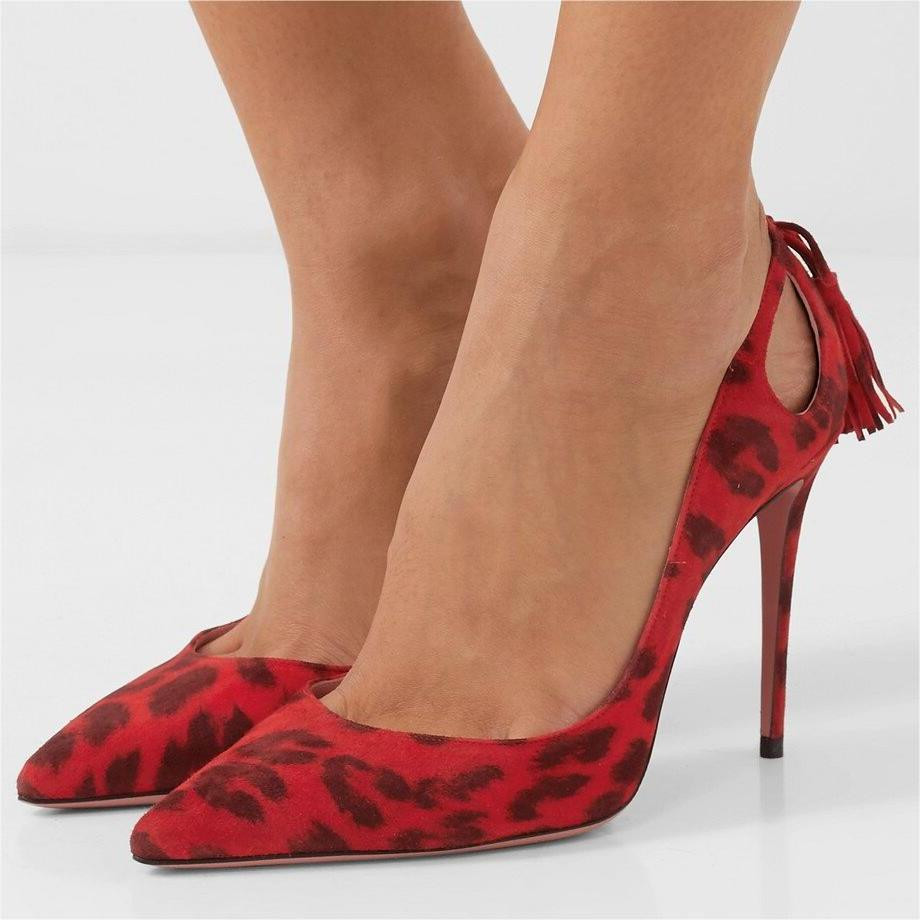 Red Leopard Print Stiletto Shoes Pointed Toe Cutout Pumps with Tassels | FSJshoes