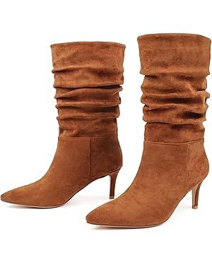 JOY IN LOVE Women's Low Heel Boots, Mid-Calf High Wrinkled Slouchy Boots | Amazon (US)