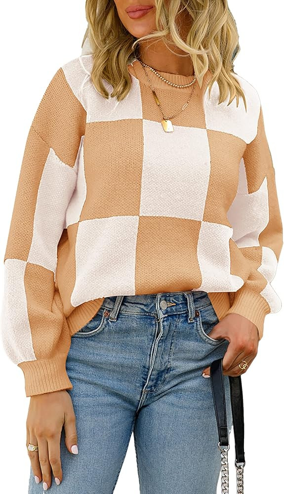 CORIRESHA Women's Color Block Check Crew Neck Long Sleeve Chunky Casual Knit Pullover Sweater | Amazon (US)