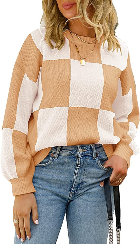 CORIRESHA Women's Color Block Check Crew Neck Long Sleeve Chunky Casual Knit Pullover Sweater | Amazon (US)