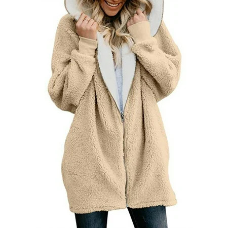 Ladies Fleece Zipper Jacket Open Front Fluffy Coat Wool Hooded Cardigan Mid-Length Wool Outwear Over | Walmart (US)