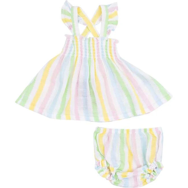 Angel Dear | Ruffle Strap Smocked Top and Diaper Cover, Ric Rac Stripe (Multicolor, Size 18-24M) | Maisonette | Maisonette