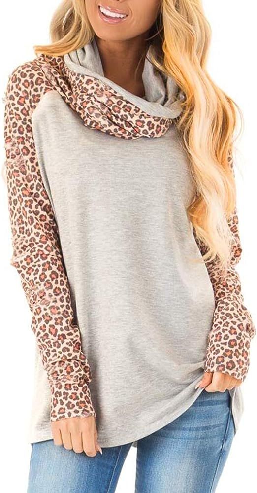 Women's Casual Sweatshirts Long Sleeve Leopard Print Tops Cowl Neck Raglan Shirts | Amazon (US)