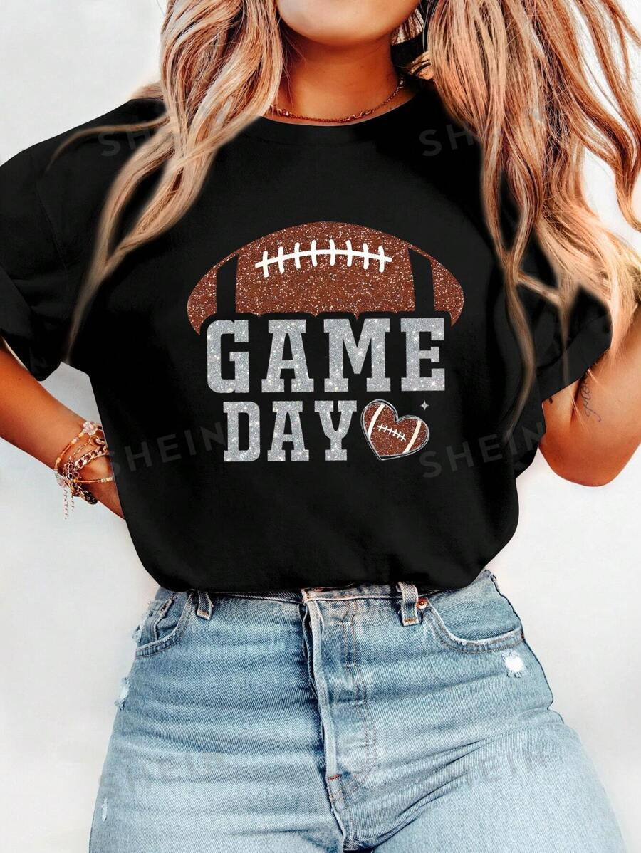 SHEIN LUNE Women''s Casual Football Game Day Pattern Summer T-Shirt | SHEIN