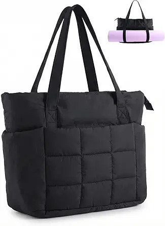 U+U Puffer Tote Bag for Women, Quilted Work Handbag with Compartments, Puffy Shoulder Bag with Yo... | Amazon (US)