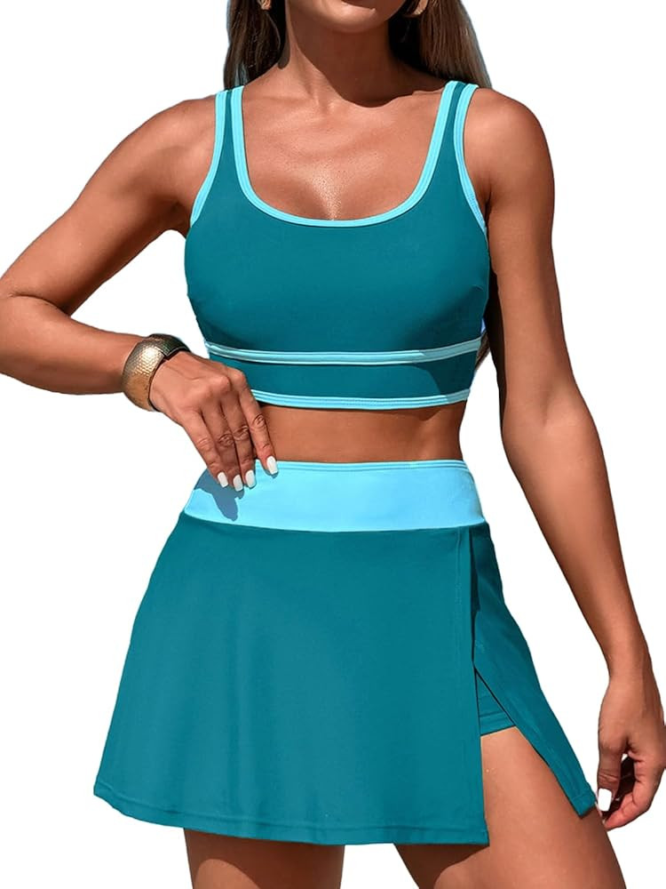 ZRTAK Women's High Waisted Bikini Sets Tummy Control Swim Skirt Two Piece Swim Suit Tummy Control Color Block Bathing Suit (Green, Small) : Clothing, Shoes & Jewelry | Amazon (US)
