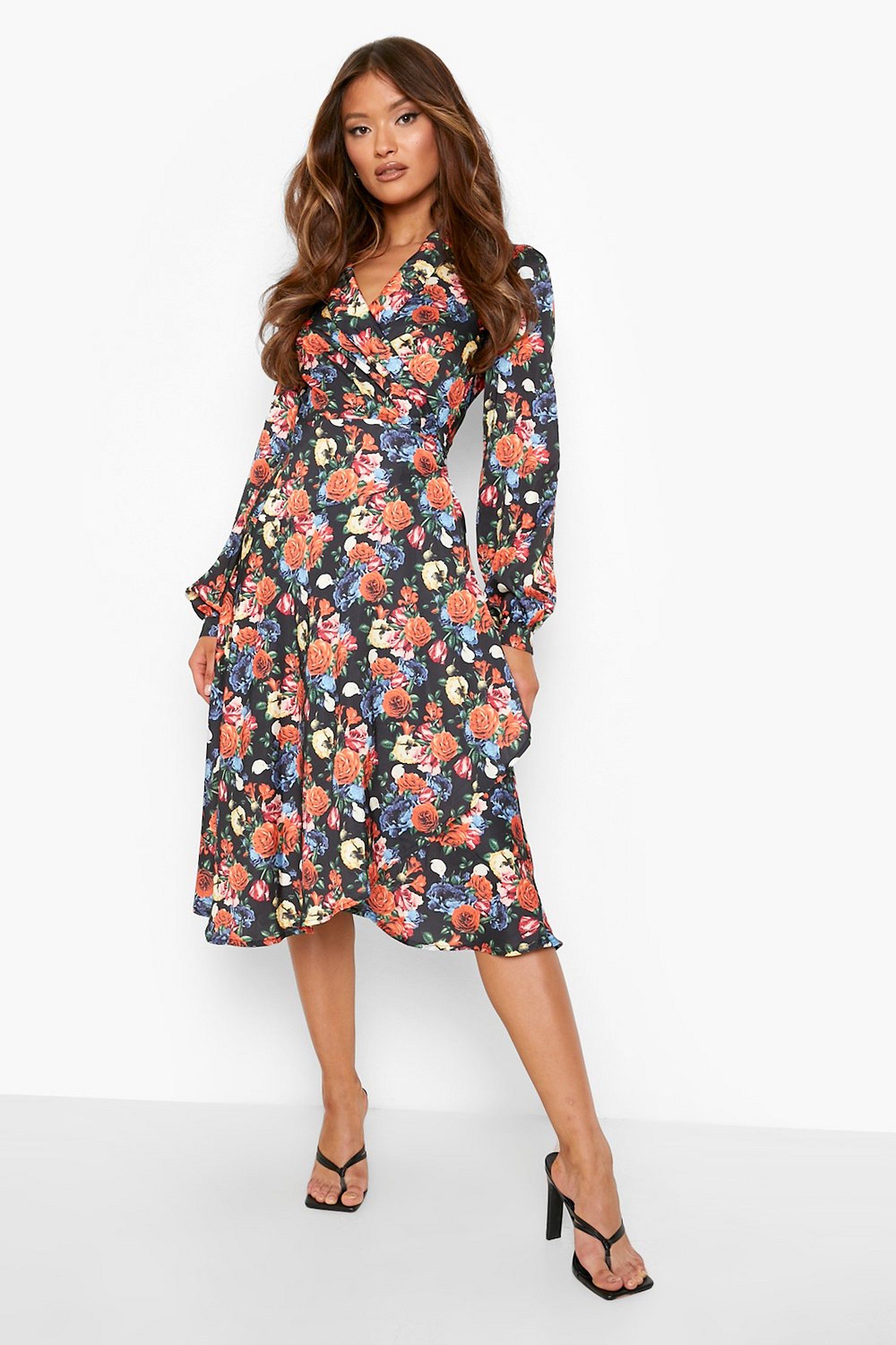 Floral Wrap Detail Midi Skater Dress | Boohoo.com (US & CA)