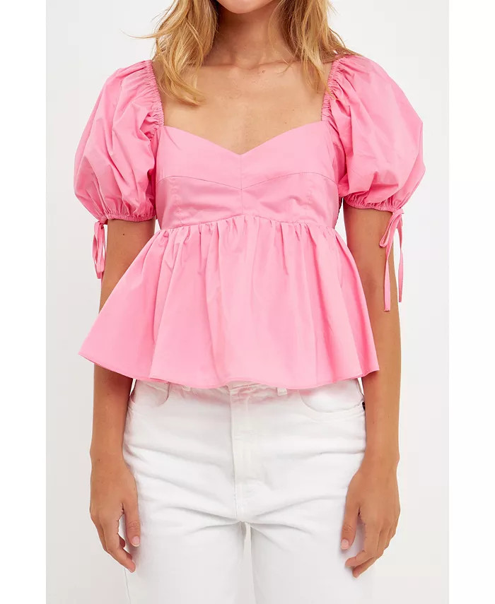 Women's Tied Strap Puff Sleeve Woven Top | Macy's