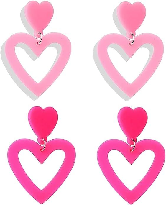 TUICARE Stainless Steel Hot Pink Heart Earrings - 2 Pairs Lightweight Acrylic Dangle Earrings - C... | Amazon (US)