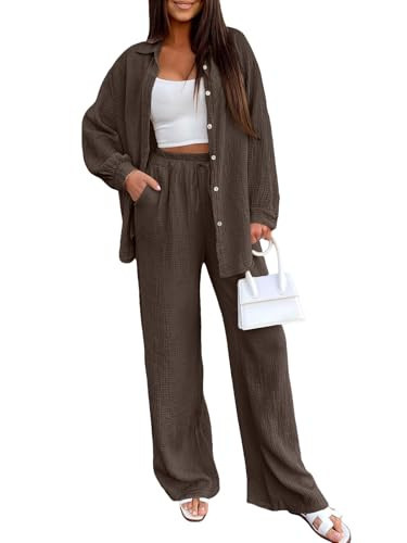LILLUSORY Womens 2 Piece Linen Matching Lounge Sets 2026 Summer Vacation Outfits Long sleeve Button Down Oversized Pant Sets Brown M | Amazon (US)