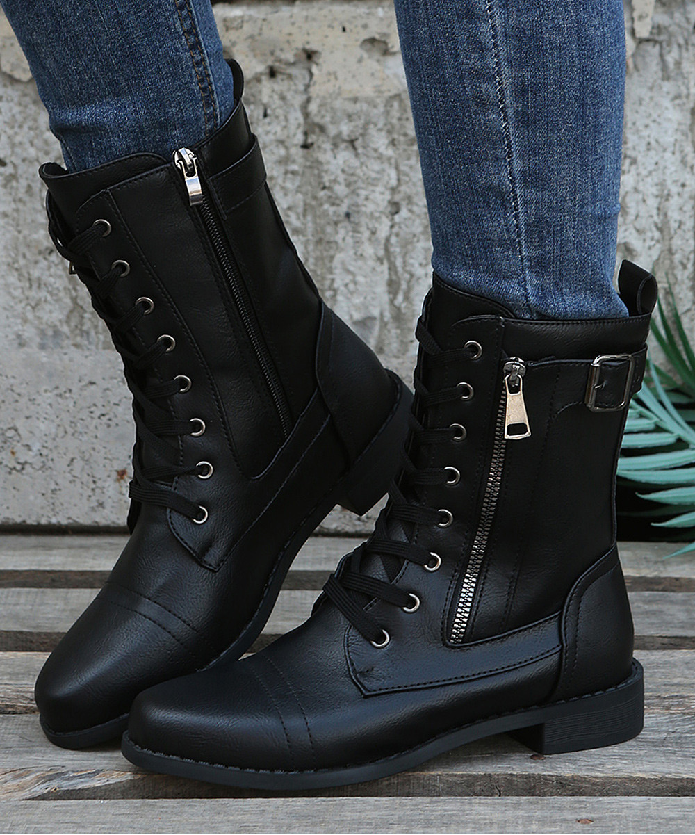 PAOTMBU Women's Casual boots Black - Black Combat Boot - Women | Zulily