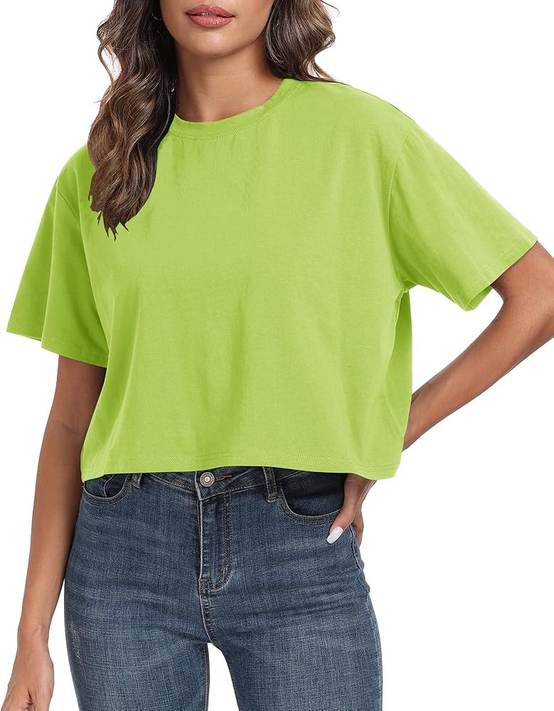 PRIMODA Women's Oversized Workout Cropped T Shirts Crew Neck Short Sleeve Casual Loose Summer Cro... | Amazon (US)