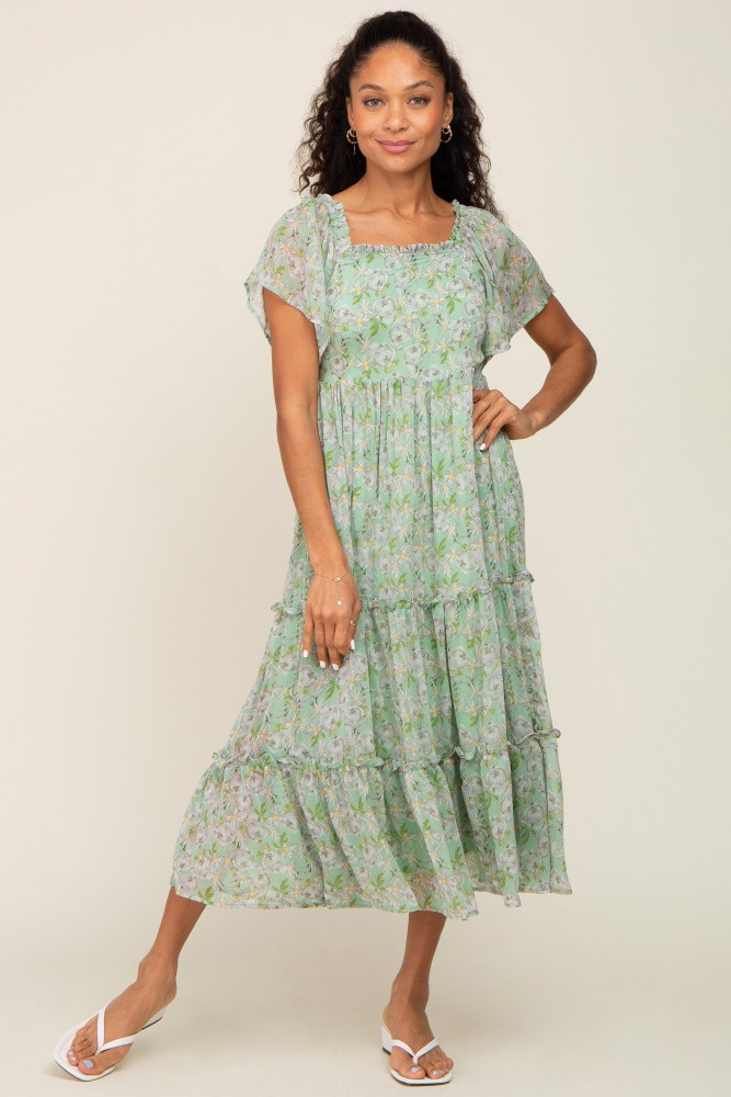 Mint Green Floral Chiffon Tiered Midi Dress | PinkBlush Maternity
