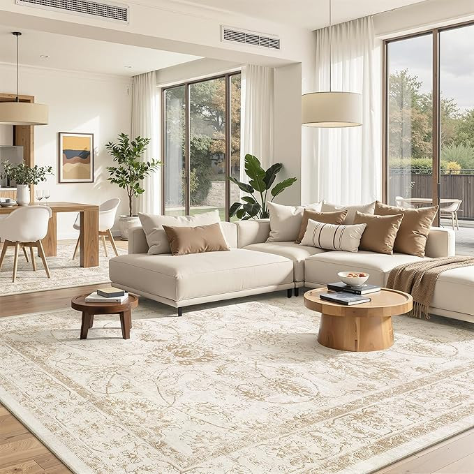 8x10 Area Rugs for Living Room, Washable Natural Soft Rug Wood/Ivory | Vintage Floral Print Throw... | Amazon (US)