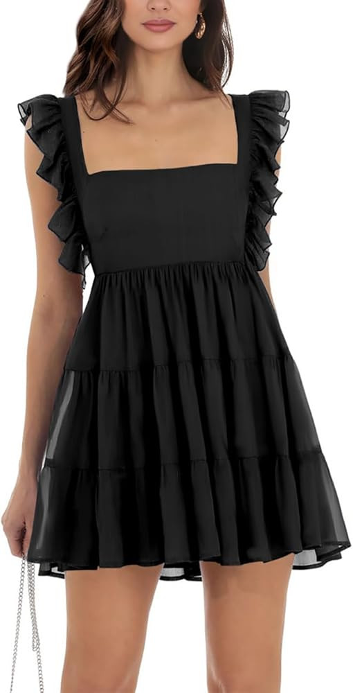 Women’s Summer Square Neck Tie Back Ruffle Sleeve Tiered Casual A-Line Short Mini Dress | Amazon (US)