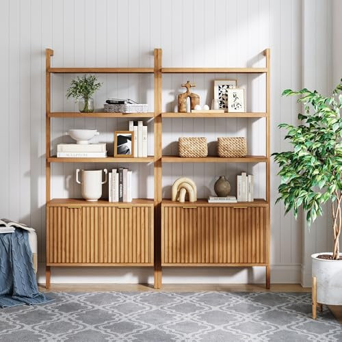 Nathan James Jasper 3-Shelf Solid Wall Mounted Bookcase, Bohemian Bookshelf with Cabinet with Fluted Doors, Set of 2 | Amazon (US)