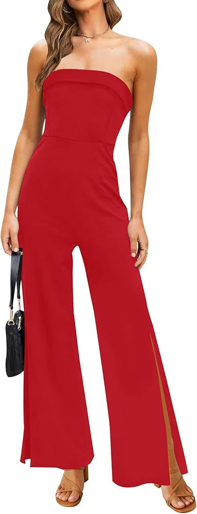 Amazon.com: ZESICA Women's 2024 Strapless Jumpsuit Casual Off Shoulder High Waist Wide Leg Side S... | Amazon (US)