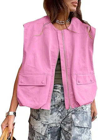 Womens Casual Zip Up Vest Cargo Oversized Ruched Hem Sleeveless Blazer Jackets Tops | Amazon (US)